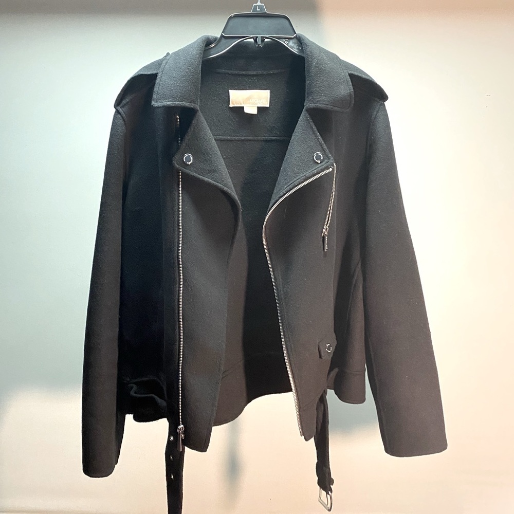 Michael Kors Womens Classic Wool Blend Black Moto XL Jacket Zip Belted